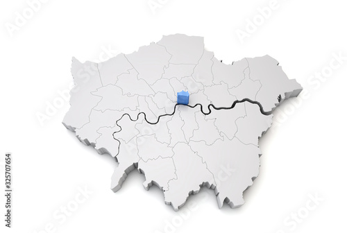 Greater London map showing City of London in blue. 3D Rendering