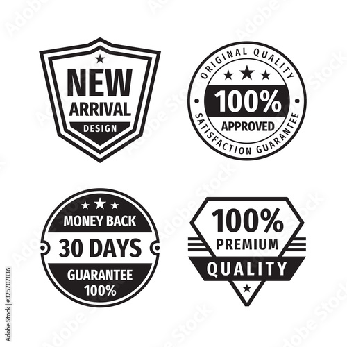 Design graphic badge logo vector set in retro vintage style. New arrival. 100% approved. 30 days money back guarantee. Premium quality. Promotion sticker. Retro vintage emblems. Black & white colors.