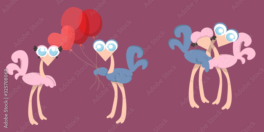 Male and female ostriches in cartoon style. Cute big birds. Vector illustration. Male and female ostriches in cartoon style. Cute big birds. Vector illustration.