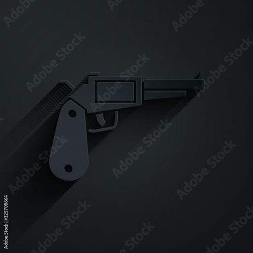 Paper cut Revolver gun icon isolated on black background. Paper art style. Vector Illustration
