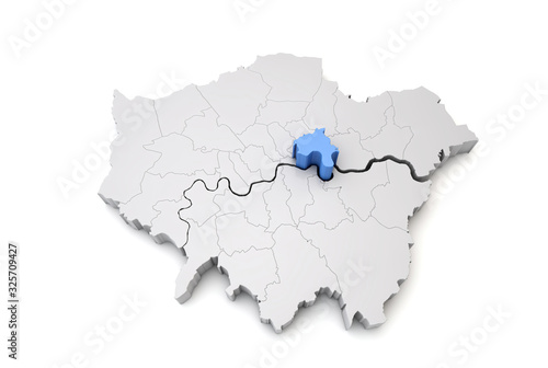 Greater London map showing Tower Hamlets borough in blue. 3D Rendering
