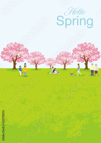 花見を楽しむ人々　縦構図　A4比率 - 文字つき "Hello Spring"