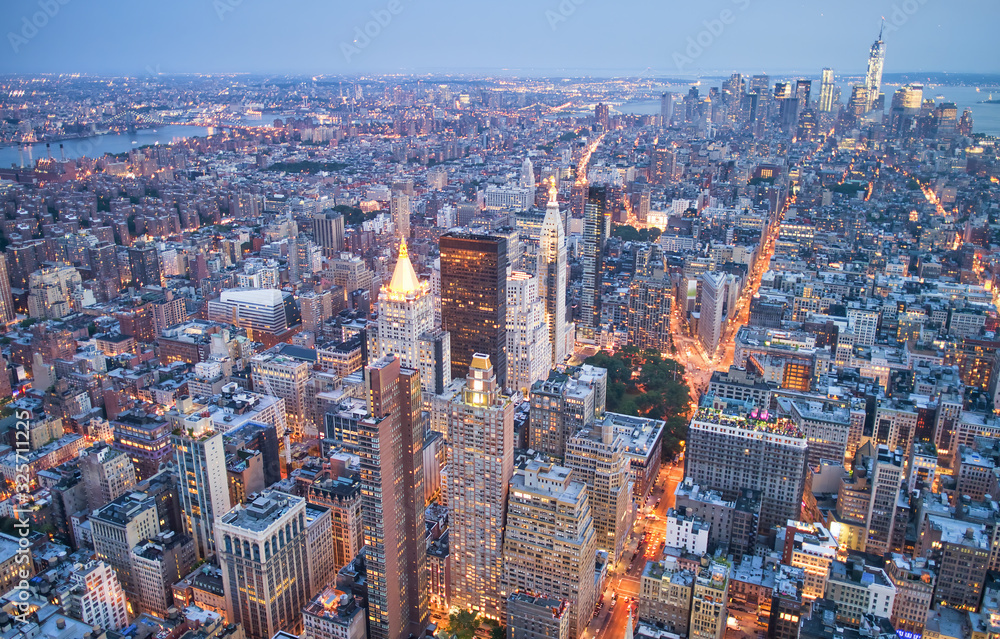 New York City, USA. Night aerial view of Midtown Manhattan skyscrapers from a high viewpoint