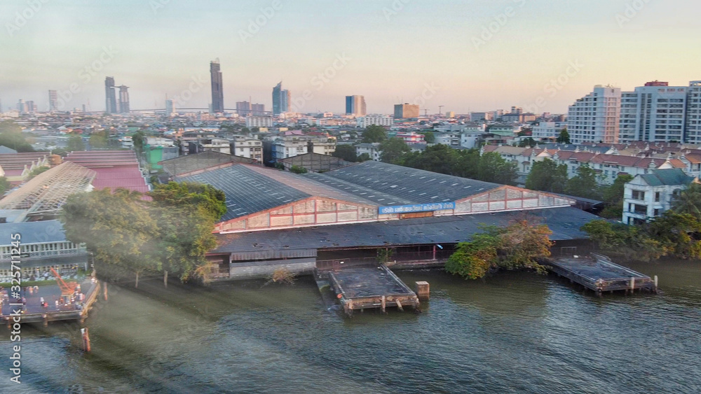 Asiatique Riverfront aerial view at sunset, Bangkok