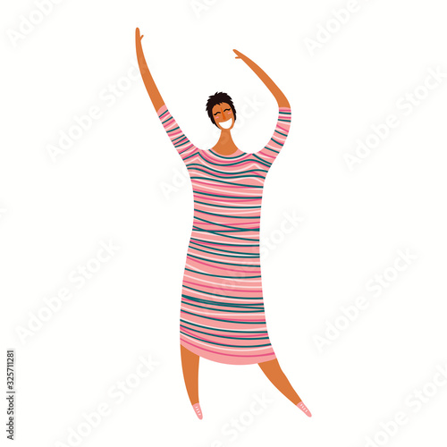 Hand drawn vector illustration of a beautiful dark skinned girl in stylish casual clothes. Isolated people on white. Flat style design. Female cartoon character. Modern woman concept, element.