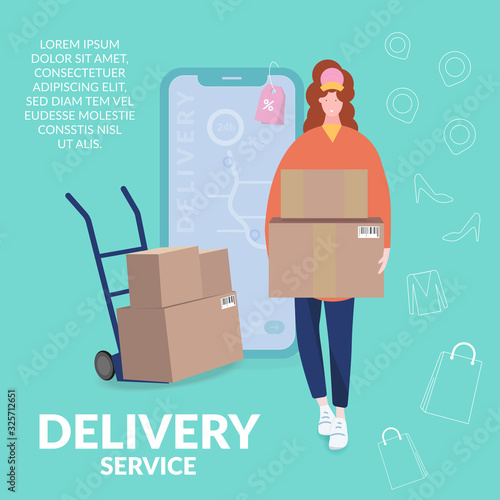 Flat design modern vector illustration of a woman holds a parcel box, a mobile phone with map, gps tag and strollers on a teal background. Online delivery service concept.