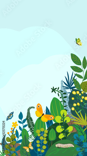 Beautiful floral background, frame. Green leaves, colorful flowers, caterpillar and butterflies. Spring, summer corner for social network backdrop, invitation, wedding, birthday. Vector illustration.