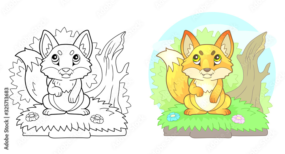 cartoon cute little fox sitting by the bush, funny illustration