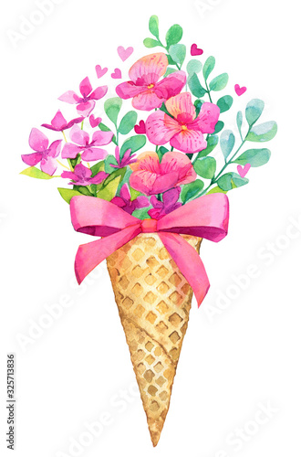 Bouquet waffle cone ice cream flowers bow delicate gift postcard creative watercolor isolated