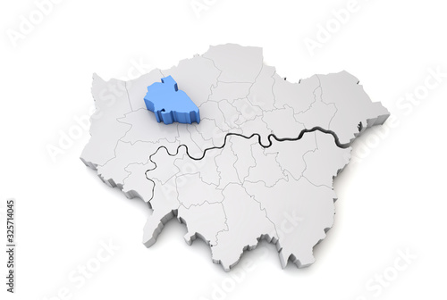 Greater London map showing Brent borough in blue. 3D Rendering
