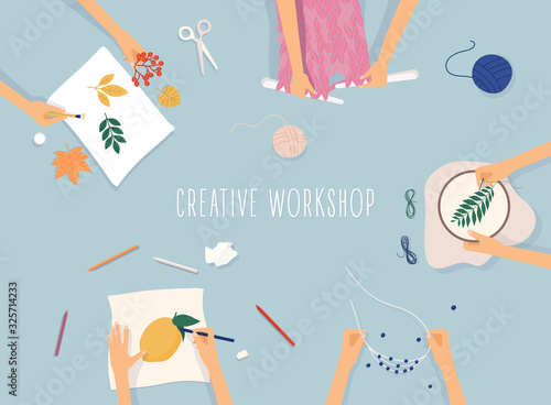 Creative handmade workshop banner.  Drawing, beadwork, embroidering, knitting, scrapbooking.