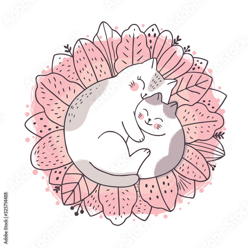 Cartoon cute sweet dream, Mother and baby cat sleeping on leaf vector.