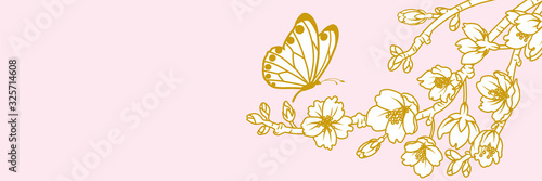 Butterfly and Cherry blossom twig - Line art style, banner ratio
