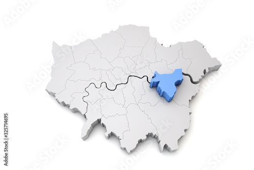Greater London map showing Greenwich borough in blue. 3D Rendering