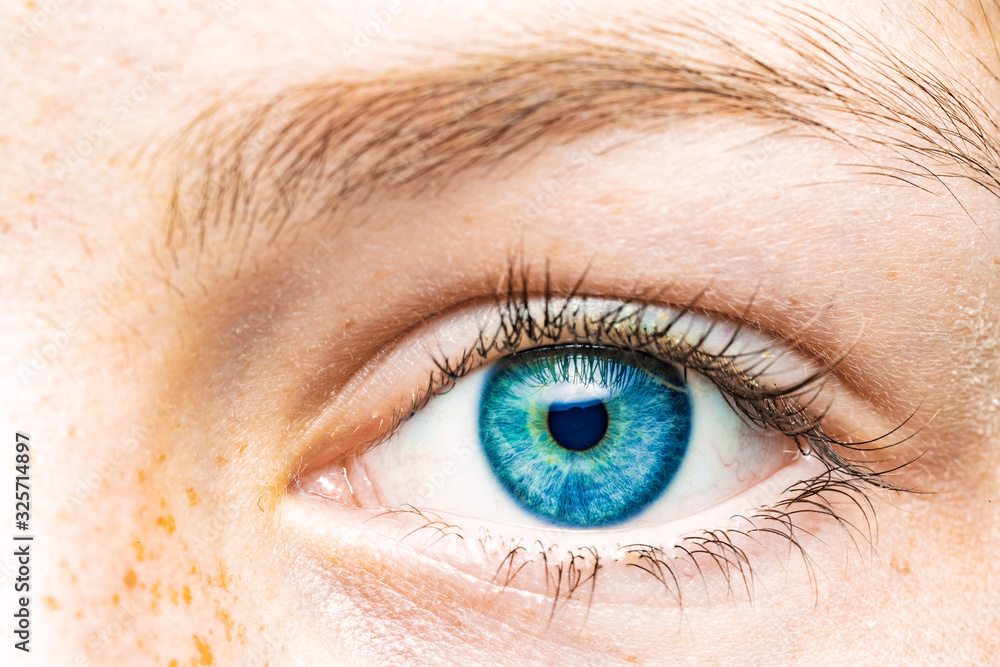 Nahaufnahme eines weiblichen Auges mit blauer Iris - obrazy, fototapety, plakaty 