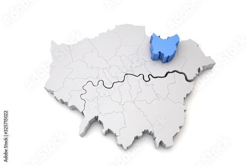 Greater London map showing Redbridge borough in blue. 3D Rendering