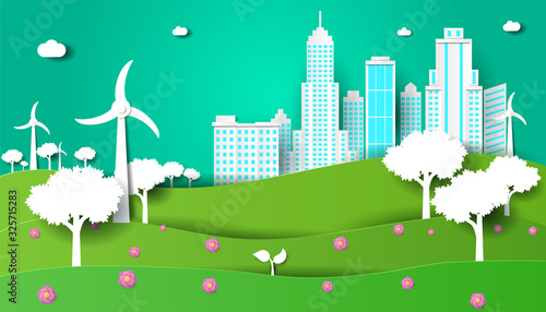 Eco friendly city with wind turbines. Green sustainable city, power saving, save the planet, earth day concepts. Vector illustration in paper cut origami style with 3D effect.
