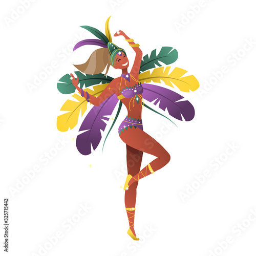 Brazilian Samba Dancer. Girl is In Festival Costume In Dance Isolated On White Background. Beautiful Carnival Girl Wearing a Festival Costume is Dancing. Cartoon Flat style. Vector illustration photo