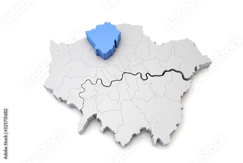 Greater London map showing Barnet borough in blue. 3D Rendering