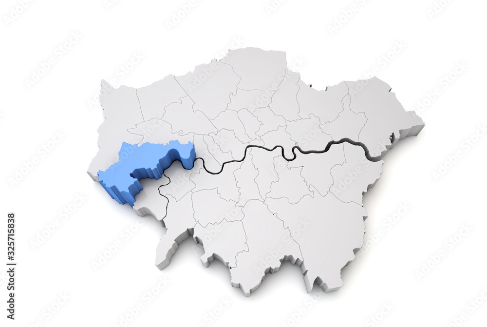 Greater London map showing Hounslow borough in blue. 3D Rendering