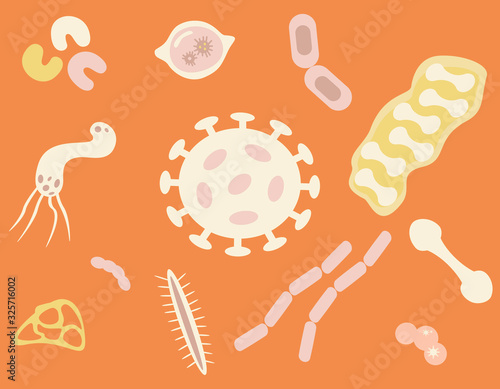 Vector set of microorganisms. Different bacteria and germs in flat style.