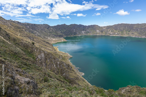 Lake Quilotoa. Panorama of the turquoise volcano crater lagoon of Quilotoa, near Quito, Andean region of Ecuador.