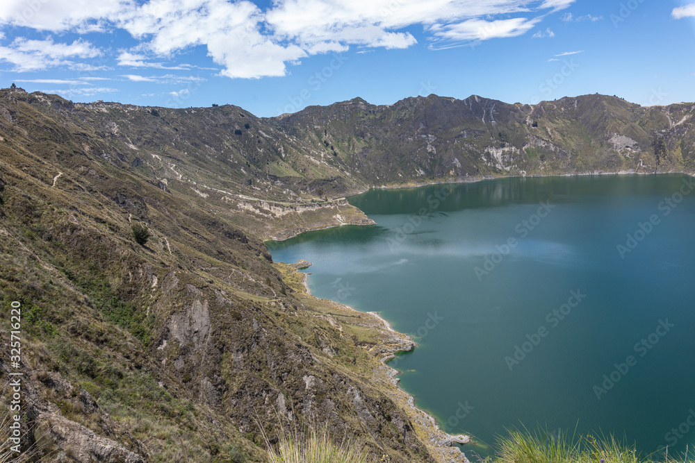 Lake Quilotoa. Panorama of the turquoise volcano crater lagoon of Quilotoa, near Quito, Andean region of Ecuador.