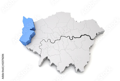 Greater London map showing Hillingdon borough in blue. 3D Rendering