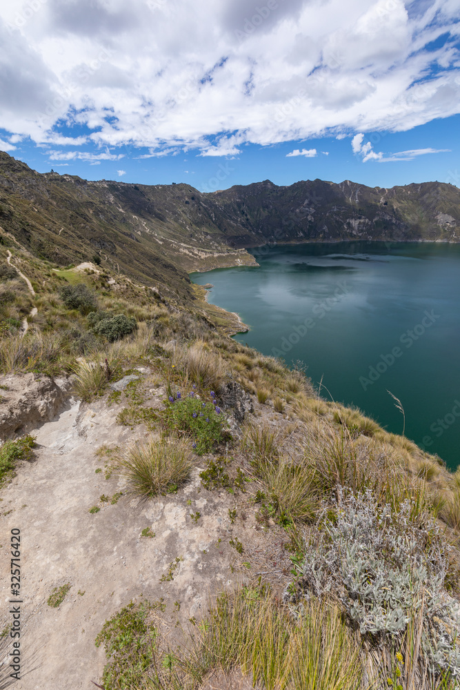 Lake Quilotoa. Panorama of the turquoise volcano crater lagoon of Quilotoa, near Quito, Andean region of Ecuador.