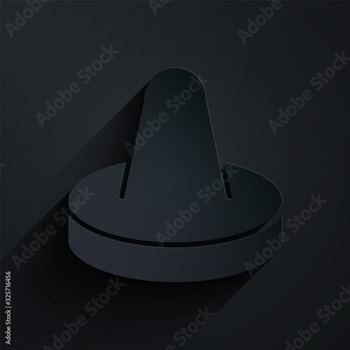 Paper cut Mallet and puck for playing air hockey game icon isolated on black background. Paper art style. Vector Illustration
