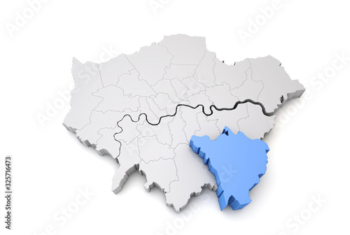 Greater London map showing Bromley borough in blue. 3D Rendering