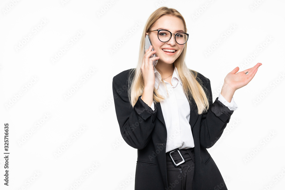 Young, confident, successful and beautiful business woman with the mobile phone isolated on white background Young, confident, successful and beautiful business woman with the mobile phone isolated on white background