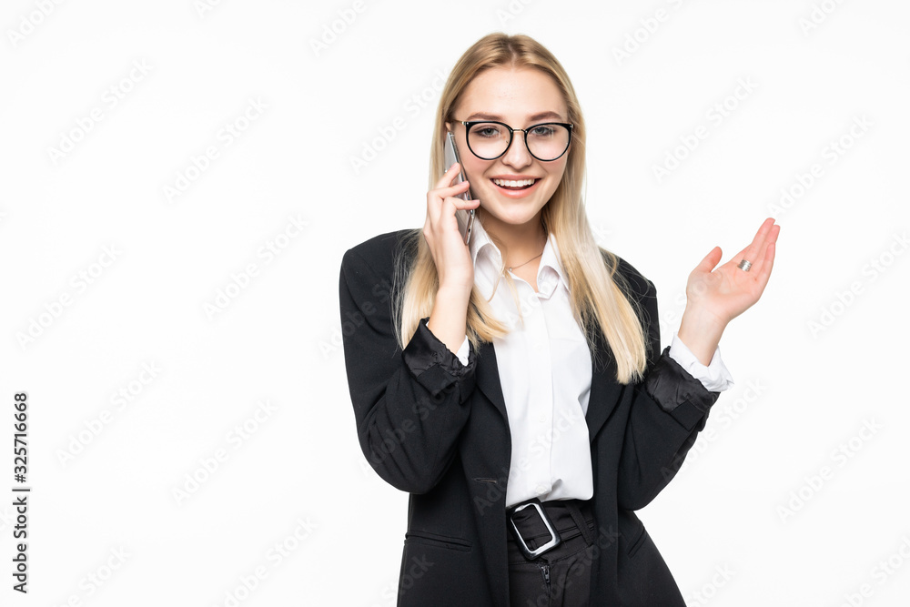 Young, confident, successful and beautiful business woman with the mobile phone isolated on white background Young, confident, successful and beautiful business woman with the mobile phone isolated on white background