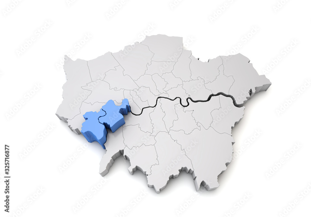 Fototapeta premium Greater London map showing Richmond upon Thames in blue. 3D Rendering