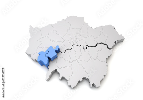 Greater London map showing Richmond upon Thames in blue. 3D Rendering