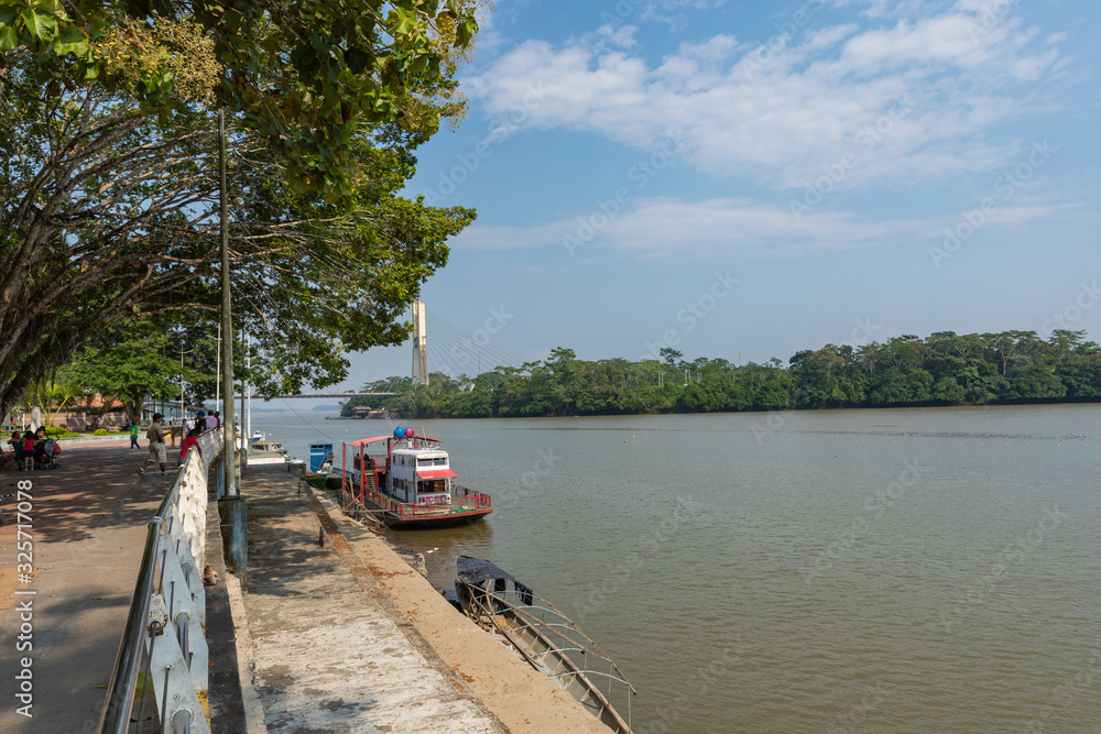 View of the bridge of El Coca on the Napo River. Puerto Francisco de Orellana. Ecuador. Amazon. South America. View of the bridge of El Coca on the Napo River. Puerto Francisco de Orellana. Ecuador. Amazon. South America.