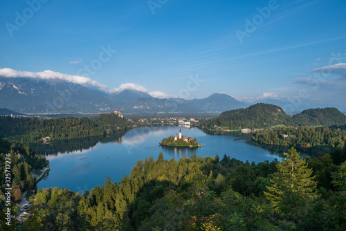 Aerial view of the Pilgrimage Church of the Assumption of Maria on Bled Island in Bled Lake, Slovenia