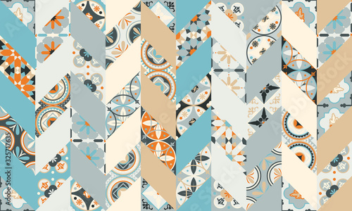 Mega Gorgeous seamless patchwork pattern from colorful Moroccan, Portuguese tiles herringbone pattern,  ornaments.. Can be used for wallpaper, pattern fills, web page background,surface texture