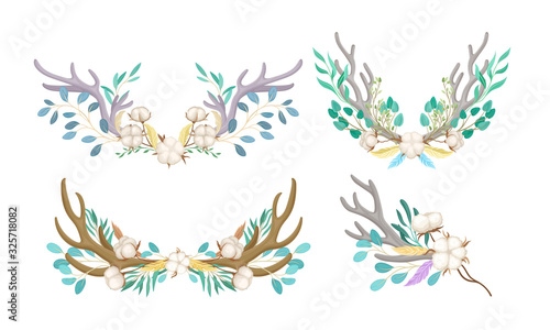 Botanical Composition with Deer Horns and Cotton Flowers Vector Set