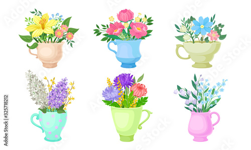 Flowers Standing in Different Vases and Pots Vector Set
