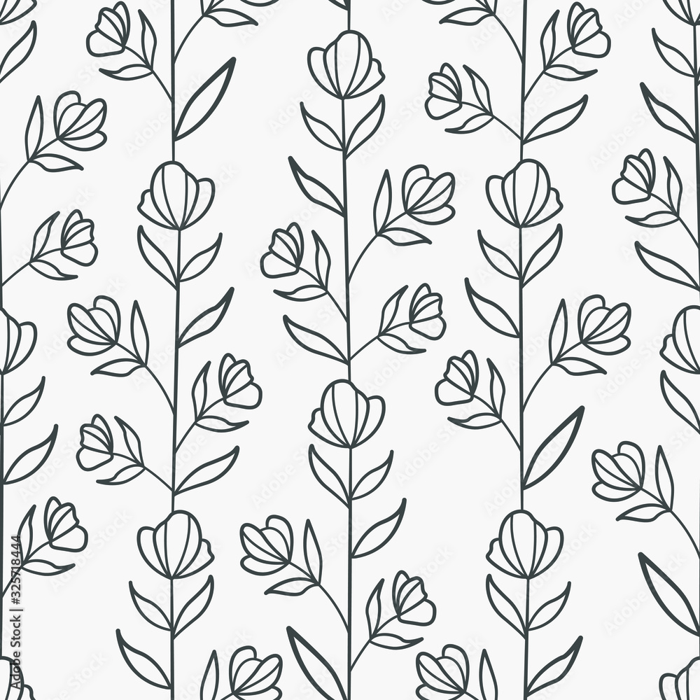 Vector seamless pattern with black vertical flower twigs on gray background; floral abstract design for fabric, wallpaper, textile, web design. Vector seamless pattern with black vertical flower twigs on gray background; floral abstract design for fabric, wallpaper, textile, web design.
