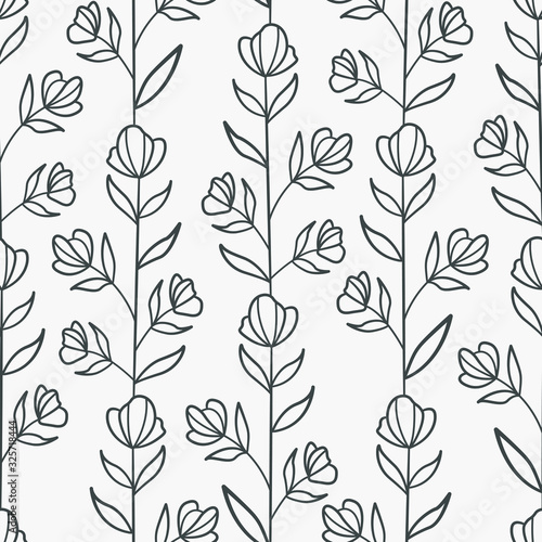Vector seamless pattern with black vertical flower twigs on gray background; floral abstract design for fabric, wallpaper, textile, web design.