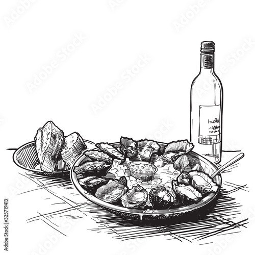 Oysters served on ice with a bottle of white wine and fresh bread. Restaurant menu template . Linear sketch isolated on white background. EPS10 vector illustration