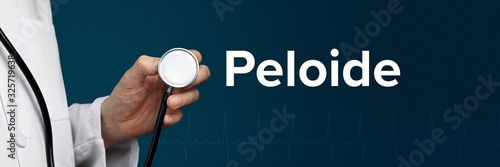 Peloide. Arzt im Kittel hält Stethoskop. Das Wort Peloide steht daneben. Symbol für Medizin, Krankheit, Gesundheit photo