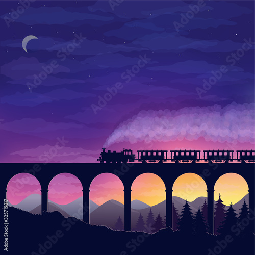 beautiful night landscape with a train traveling over a bridge, mountains and forest against a starry sky.vector illustration