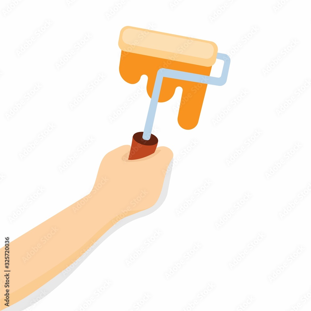 hand holding paint roller, painting on wall cartoon flat illustration vector isolated on white background hand holding paint roller, painting on wall cartoon flat illustration vector isolated on white background