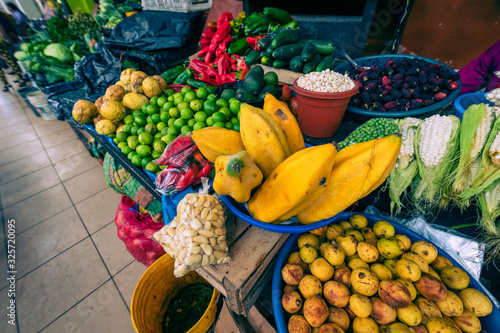 Traditional ecuadorian food market selling agricultural products and other food items in Cuenca, Ecuador, South America.