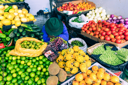 Traditional ecuadorian food market selling agricultural products and other food items in Cuenca, Ecuador, South America.