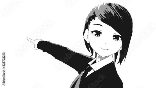 Anime Girl Comic Cartoon Character in Business Suit or Japanese School Uniform standing in front of a white background with a confident smile it's Anime Manga Girl in black and white