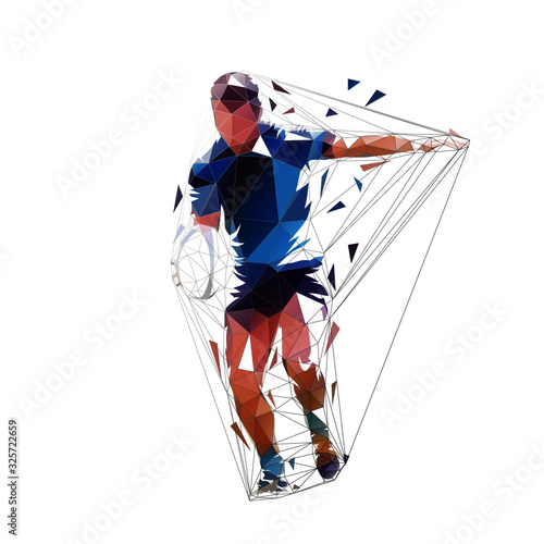Rugby player kicking ball, low polygonal isolated vector illustration, rear view